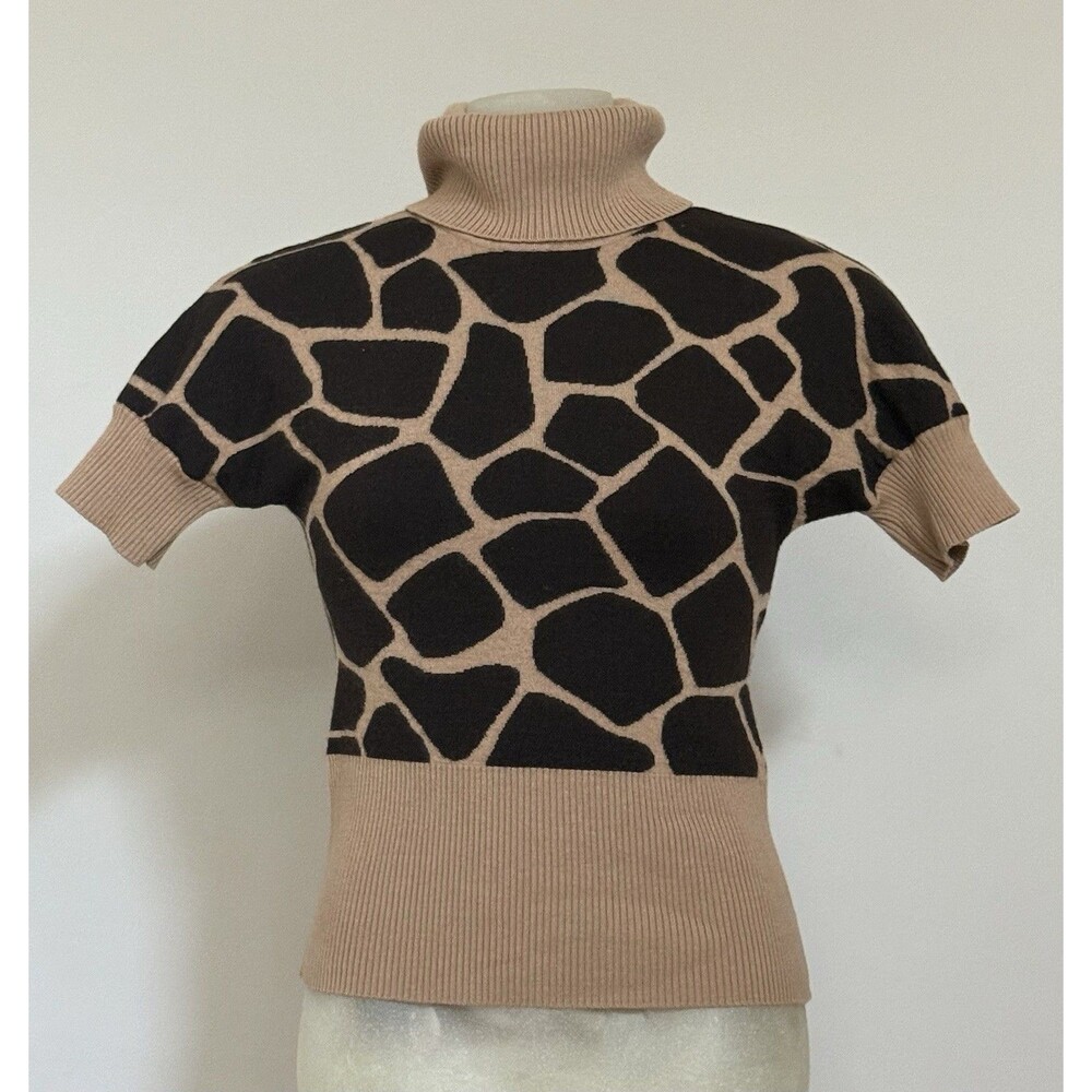 Escada Short Sleeve Turtle Neck Wool Silk Cashmere Blend  Zebra Print Size 34 XS